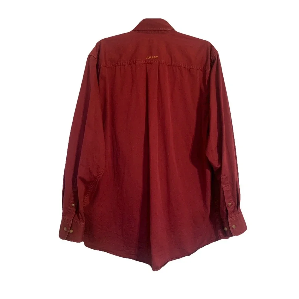 ARIAT Shirt Mens M Burgundy Cotton Twill Classic Fit Button Western Cowboy Rodeo